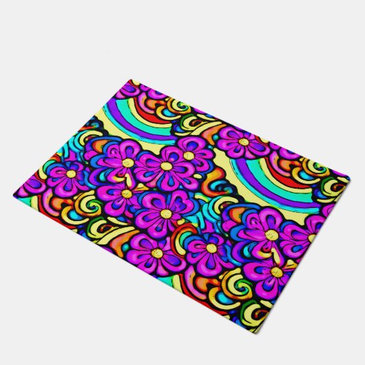 Retro 60er Psychedelic Blume Regenbogenmuster Fußmatte (Schrägansicht)