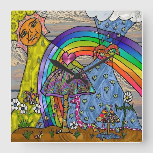 Retro 60er Psychedelic Magic Mushrooms Sq Uhr (Vorderseite)