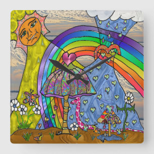 Retro 60er Psychedelic Magic Mushrooms Wall Clock Quadratische Wanduhr