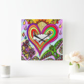 Retro 60er Psychedelic Rainbow Heart Clock Quadratische Wanduhr (Zuhause)