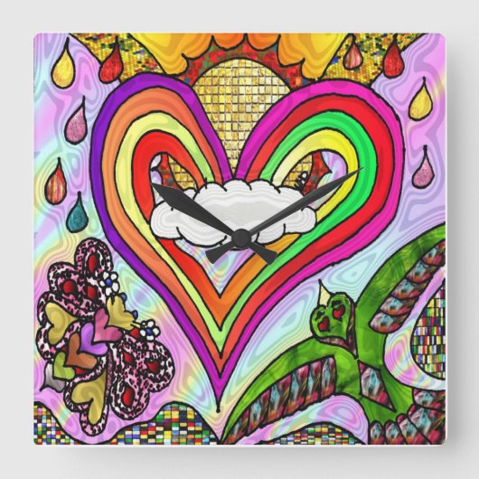 Retro 60er Psychedelic Rainbow Heart Clock Quadratische Wanduhr (Vorderseite)