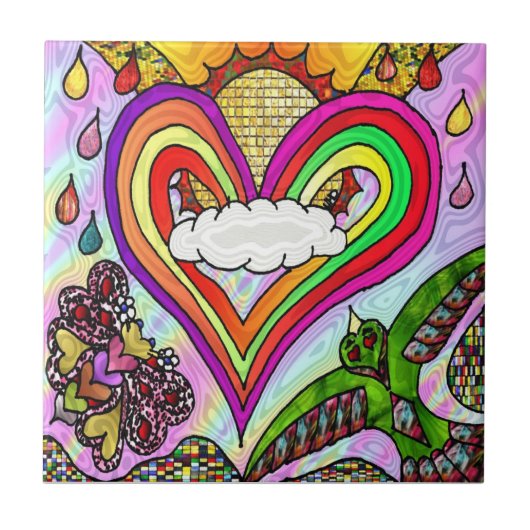 Retro 60er Psychedelic Rainbow Heart Tile Fliese (Vorderseite)