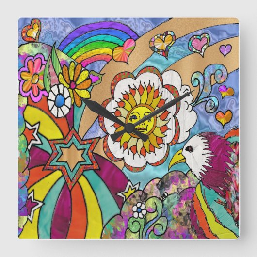 Retro 60er Psychedelic Sunshine Eagle Clock Quadratische Wanduhr (Vorderseite)