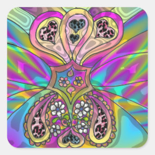Retro 60er psychedelische Herzen Blumen Geschenke  Quadratischer Aufkleber