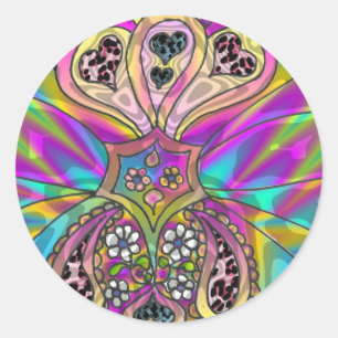Retro 60er psychedelische Herzen Blumen Geschenke  Runder Aufkleber