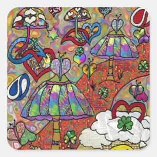 Retro 60er psychedelischer Zauberpilz Sqr Aufklebe Quadratischer Aufkleber