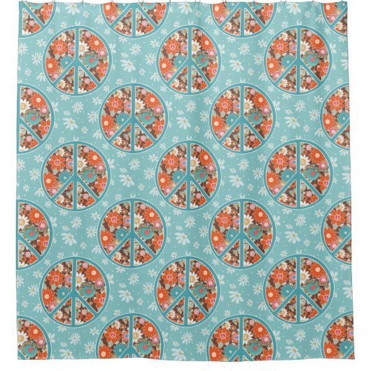RETRO 60s 70s Hippy Floral Peace Sign Blue Orange Duschvorhang (Vorderseite)