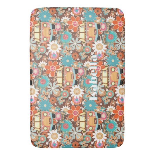 RETRO 60s 70s Hippy Van Feeling Groovy Floral Name Badematte (Vorderseite Vertikal)