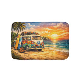 Retro 60s Hippie Beach Bus Sunset | Surf Van Life Badematte