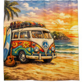 Retro 60s Hippie Beach Bus Sunset | Surf Van Life Duschvorhang (Vorderseite)