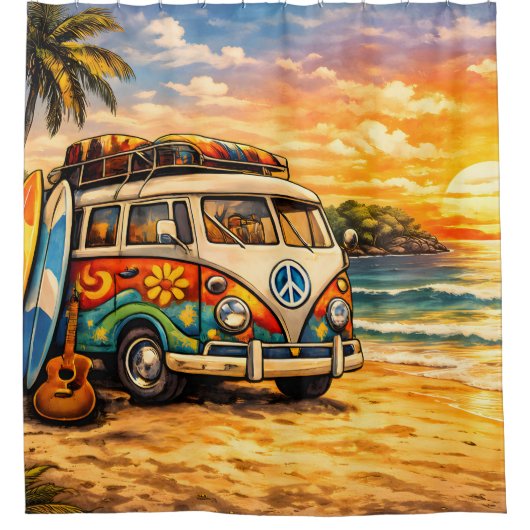Retro 60s Hippie Beach Bus Sunset | Surf Van Life Duschvorhang (Vorderseite)