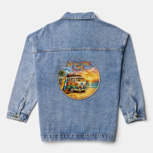 Retro 60s Hippie Beach Sunset | Adventure Van Life Jeansjacke (Rückseite)