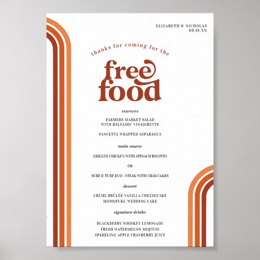 Retro 70 Streifen | Hochzeitsmenü Poster (Vorne)