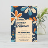 Retro 70er aquamarine Blume Hochzeitsvorlage Einladung (Stehend Vorderseite)