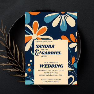 Retro 70er aquamarine Blume Hochzeitsvorlage Einladung