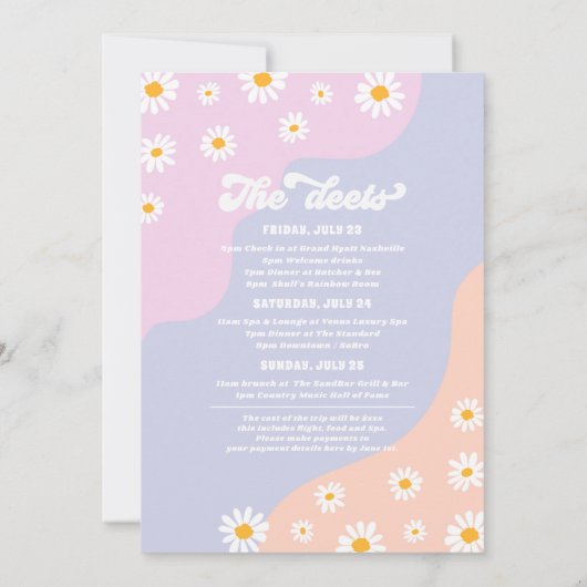 Retro 70er Bachelorette Wochenende Reiseprogramm Einladung (Rückseite)