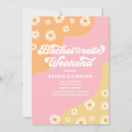 Retro 70er Bachelorette Wochenende Reiseprogramm Einladung (Vorderseite)