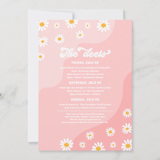 Retro 70er Bachelorette Wochenende Reiseprogramm Einladung (Rückseite)