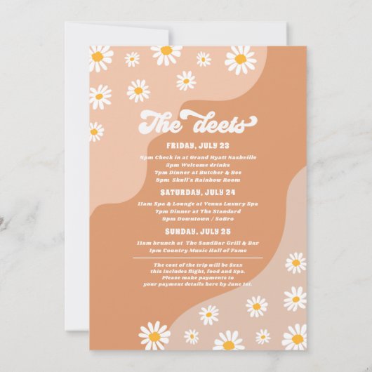 Retro 70er Bachelorette Wochenende Reiseprogramm Einladung (Rückseite)