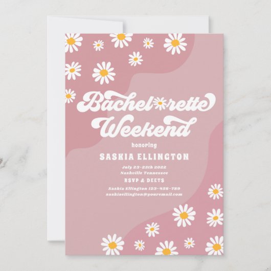 Retro 70er Bachelorette Wochenende Reiseprogramm Einladung (Vorderseite)