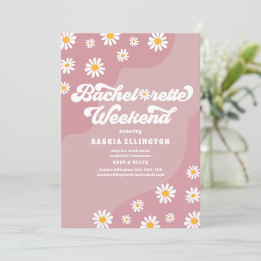 Retro 70er Bachelorette Wochenende Reiseprogramm Einladung (Stehend Vorderseite)