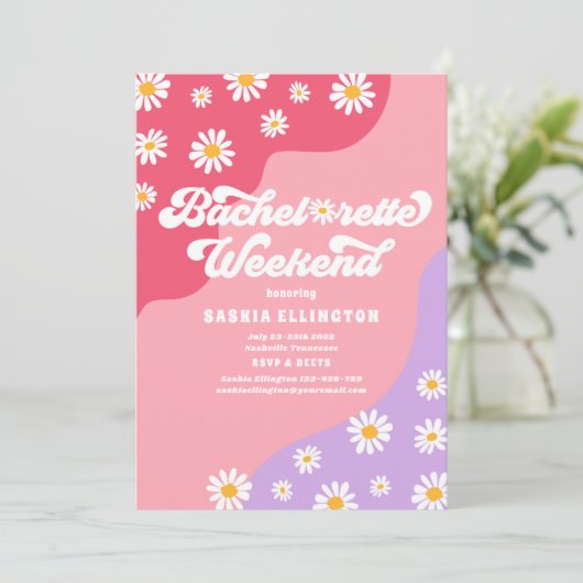 Retro 70er Bachelorette Wochenende Reiseprogramm Einladung (Stehend Vorderseite)