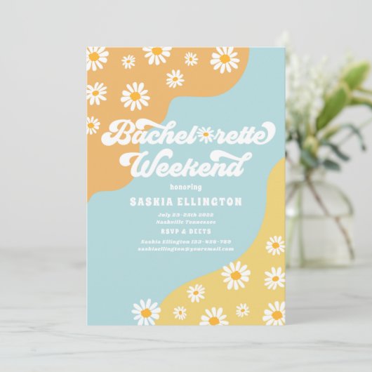 Retro 70er Bachelorette Wochenende Reiseprogramm Einladung (Stehend Vorderseite)