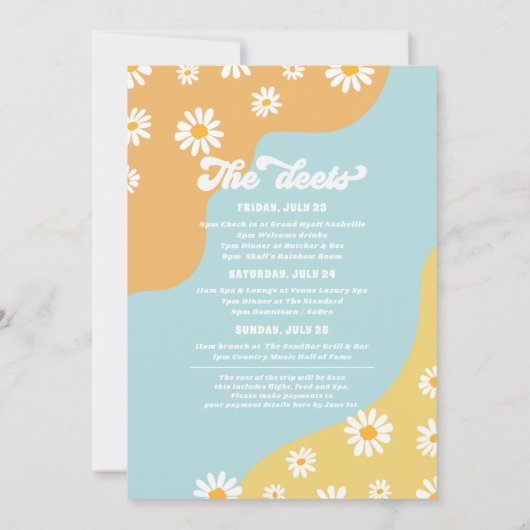 Retro 70er Bachelorette Wochenende Reiseprogramm Einladung (Rückseite)