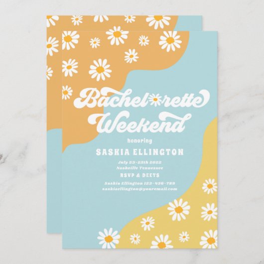 Retro 70er Bachelorette Wochenende Reiseprogramm Einladung (Vorne/Hinten)