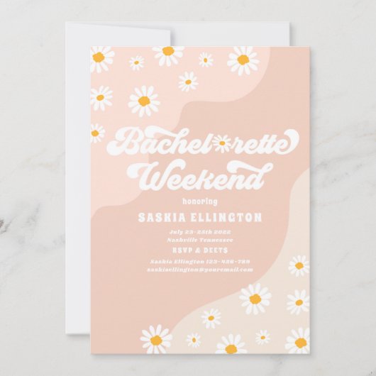 Retro 70er Bachelorette Wochenende Reiseprogramm Einladung (Vorderseite)