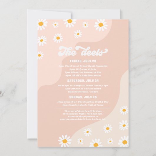 Retro 70er Bachelorette Wochenende Reiseprogramm Einladung (Rückseite)