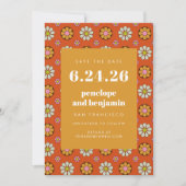 Retro 70er Blume Bright Orange Picture Wedding Save The Date (Vorderseite)