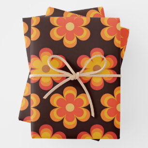 Retro-70er-Blume in orange-gelbes Muster Geschenkpapier Set