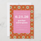 Retro 70er Blume kühl Orange Pink Picture Wedding Save The Date (Vorderseite)