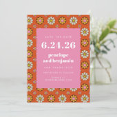 Retro 70er Blume kühl Orange Pink Picture Wedding Save The Date (Stehend Vorderseite)