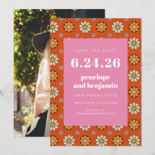 Retro 70er Blume kühl Orange Pink Picture Wedding Save The Date