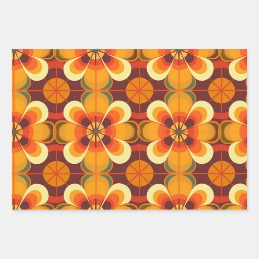 Retro 70er Blume Orange und Burgund Geschenkpapier Set (Vorderseite 2)
