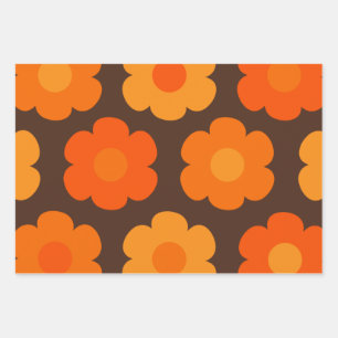 Retro-70er-Blume Orangefarbenes und braunes Blumen Geschenkpapier Set