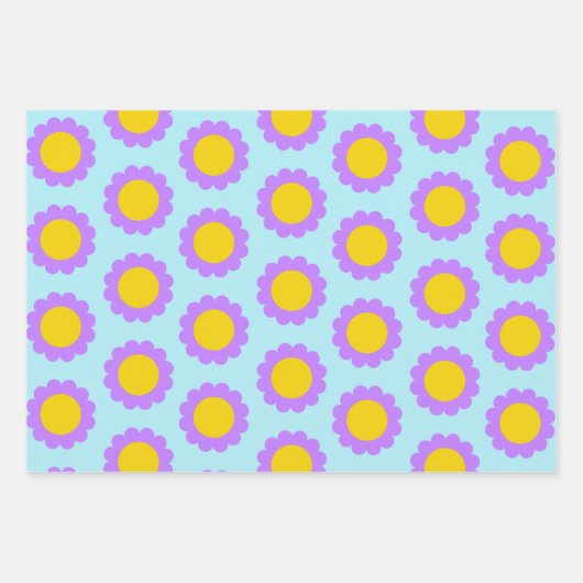 Retro 70er Blumenmuster in blau Lila und gelb Geschenkpapier Set (Vorderseite 2)