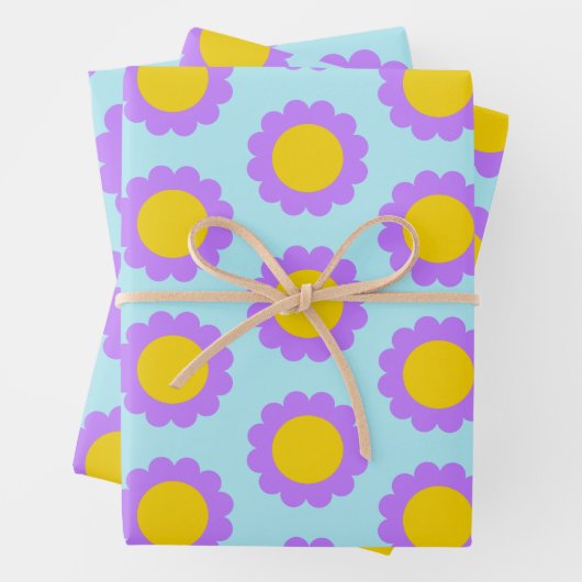 Retro 70er Blumenmuster in blau Lila und gelb Geschenkpapier Set (Beispiel)