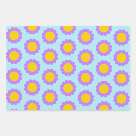 Retro 70er Blumenmuster in blau Lila und gelb Geschenkpapier Set (Vorderseite)