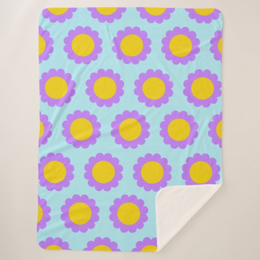 Retro 70er Blumenmuster in blau Lila und gelb Sherpadecke (Vorderseite)