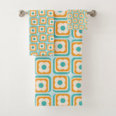 Retro 70er Blumenquadrate, Aqua, Orange, Aquamarin Badhandtuch Set (Insitu)