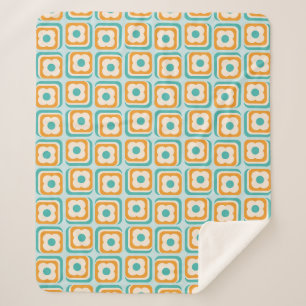 Retro 70er Blumenquadrate, Aqua, Orange, Aquamarin Sherpadecke