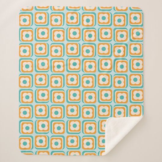 Retro 70er Blumenquadrate, Aqua, Orange, Aquamarin Sherpadecke (Vorderseite)