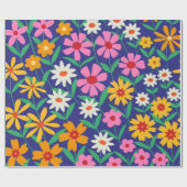 Retro 70er Boho Blumen auf Navy Blue Geschenkpapier (Flach)