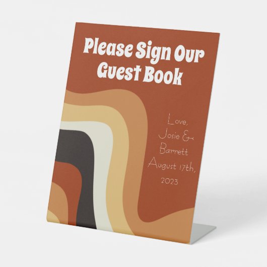 Retro 70er Boho Groovy Wedding Sign Our Guest Book Sockelschild (Vorderseite)