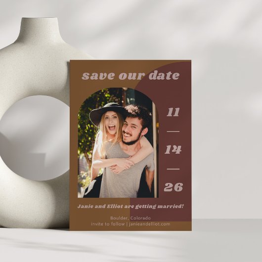 Retro 70er Brown Geometric Couple Two Foto Wedding Save The Date