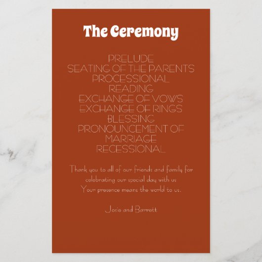 Retro 70er Burnt Orange Bohemisch Wedding Program (Rückseite)