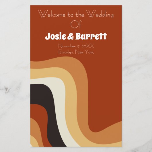 Retro 70er Burnt Orange Bohemisch Wedding Program (Vorderseite)